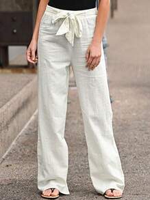 Pantalones de pierna ancha de cintura con volante - Blanco - Ver 2