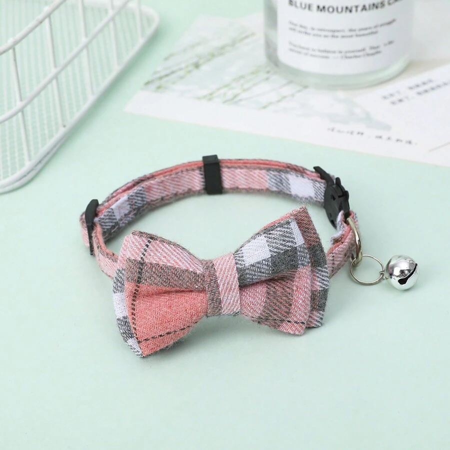 1 chiếc vòng cổ vải lưới, nơ và chuông hồng có thể điều chỉnh kèm khóa - Hồng - Xem 1