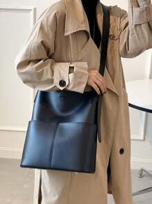 Đúng mốt Hàn Quốc Phong cách Lady Túi đeo vai Với Dung lượng lớn Dung lượng lớn Túi Bucket , Của phụ nữ Retro Túi tote Với Dây đeo rộng - màu đen - Xem 3