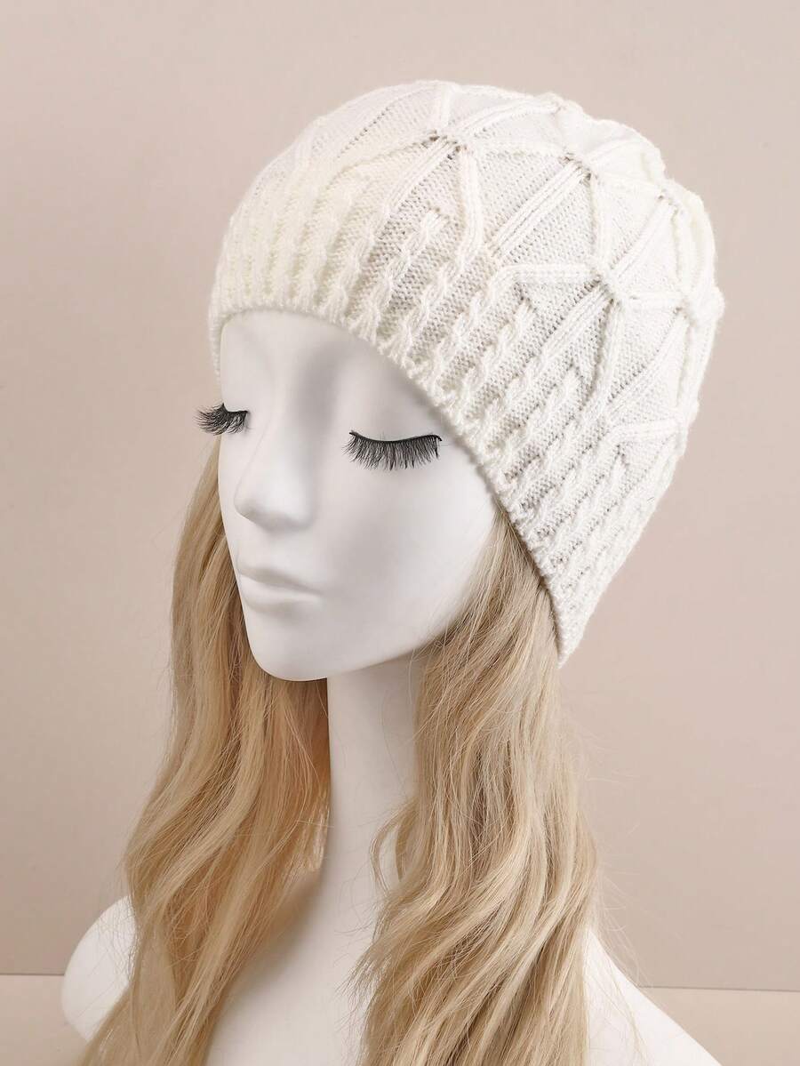 1pc Women's White Twisted Pattern Single-Layer Woolen Beanie, Warm & Fashionable Knit Cap Casual - White - View 1