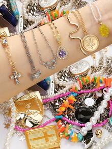 Random Quantity (5pcs Or 10pcs) Fashionable Simple All-Match Luxurious Waterdrop & Rice Beaded Necklace With Rhinestone Decor - Multicolor - View 1