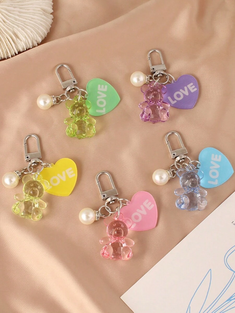 1套5个亚克力可爱熊和心形钥匙扣汽车配件女士钥匙链饰品可爱物品 - 彩色 - 查看 1