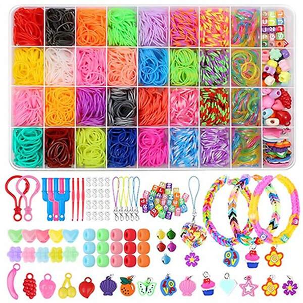 Kit de manualidades con 32 bandas de telar de colores para Bingle Loom Bands, juego de inicio con cuentas, dijes y kit de crochet, joyería de la amistad, pulsera, regalo de tejido para cumpleaños y Navidad