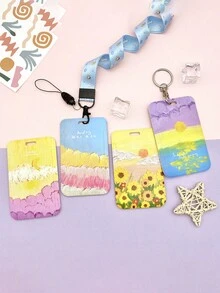 1pc Oil Painting Style Work Card Badge Protector With Lanyard - Multicolor - View 5