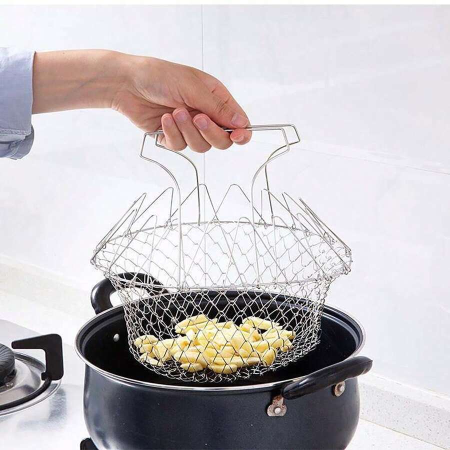 1pc Stainless Steel Foldable Fry Basket, Deep Fryer Rack, Strainer Net For French Fries, Fried Chicken, Cooking, Kitchen Tool - White - View 1