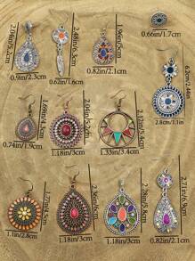 TopHanqi 12pairs Bohemian Vacation Style Geometric Round Enamel Earrings, Vintage Accessories - Multicolor - View 10
