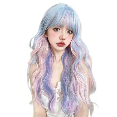 alicegarden 26-Inch Long Synthetic Wig Featuring A Natural Curly Hair Look A Stunning Multicolor. Designed With Bangs , It Is Crafted From Heat-Resistant Fiber To Ensure Durability. This False Hairpiece Is Perfect For Ms Daily Perfect For Parties, Role-Play And Gatherings Use, Offering A Natural And Realistic Appearance That Mimics It Is Also A Gift For Women. (Excluding Accessories)