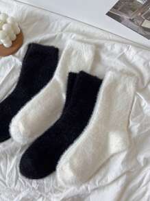 2/4/8/10 pares de calcetines esponjosos y cálidos de invierno con forro térmico, resistentes al olor, de unicolor blanco y negro (surtido de colores aleatorios)