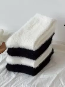 2/4/8/10 pares de calcetines esponjosos y cálidos de invierno con forro térmico, resistentes al olor, de unicolor blanco y negro (surtido de colores aleatorios)