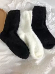 2/4/8/10 pares de calcetines esponjosos y cálidos de invierno con forro térmico, resistentes al olor, de unicolor blanco y negro (surtido de colores aleatorios)