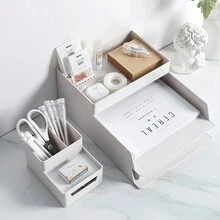 辦公桌面收納盒a4文件整理器多功能雜物收納盒學生文具塑料收納架 - 白色 - 查看 3