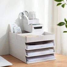 辦公桌面收納盒a4文件整理器多功能雜物收納盒學生文具塑料收納架 - 白色 - 查看 2