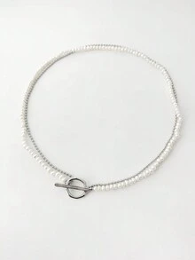 1入歐美風格,奢華時尚簡約,天然淡水珍珠串珠項鍊,配雙層鍊條和鑲嵌鑽石 - 彩色 - 查看 3