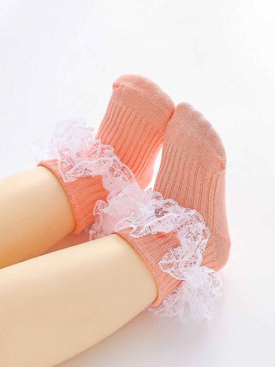 1對嬰兒女童公主蕾絲襪,帶有花紋細節 - 橘色 - 查看 1