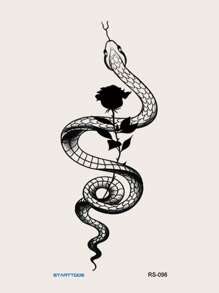 1 Pieza Tatuaje Temporal Grande De Serpiente Larga Y Patrón De Rosa Negra Para Brazo, Pecho, Abdomen, Espalda Y Cuerpo - Negro - Ver 3