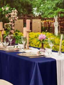 1pc Burgundy/Gold/Silver/Purple/Black/Green Simulated Silk Rectangle Tablecloth/Table Runner For Wedding, Party, Gathering, Restaurant - Navy Blue - View 7