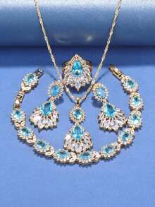 5件套意大利巴西婚禮鋯石大珠寶套裝,禮服配件,豪華婚紗項鍊和長耳環手鍊可調節戒指套裝非洲18k鍍金珠寶 - 紅色 - 查看 5