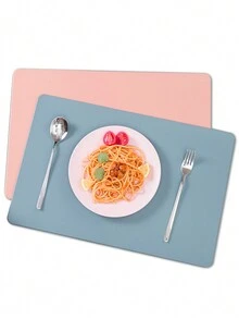 4pcs Solid Color Faux Leather Placemats Double Sided Waterproof & Heat Insulation Table Mat, Suitable For Dining Table, Storage Rack, Party - Navy blue apricot - View 4