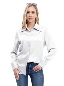 Blusa dama con cuello aperlado y satén - Blanco - Ver 1