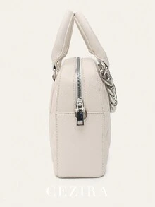 CEZIRA 金屬鏈雙手柄拉鍊閉口調節長帶凸紋pu皮革手提斜跨包女士時尚禮物 - 白色 - 查看 6
