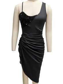 Vestidos de fiesta,Faldas,Vestido elegante con abertura en pierna y cinturón manga asimétrica de hombros descubiertos para mujer,Vestido de noche elegantes,Vestidovestidos,Negro/Azul/Rojo - Negro - Ver 3