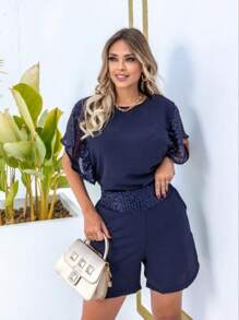 Conjunto Paetê Duna Camiseta Shorts Chique Festa Réveillon