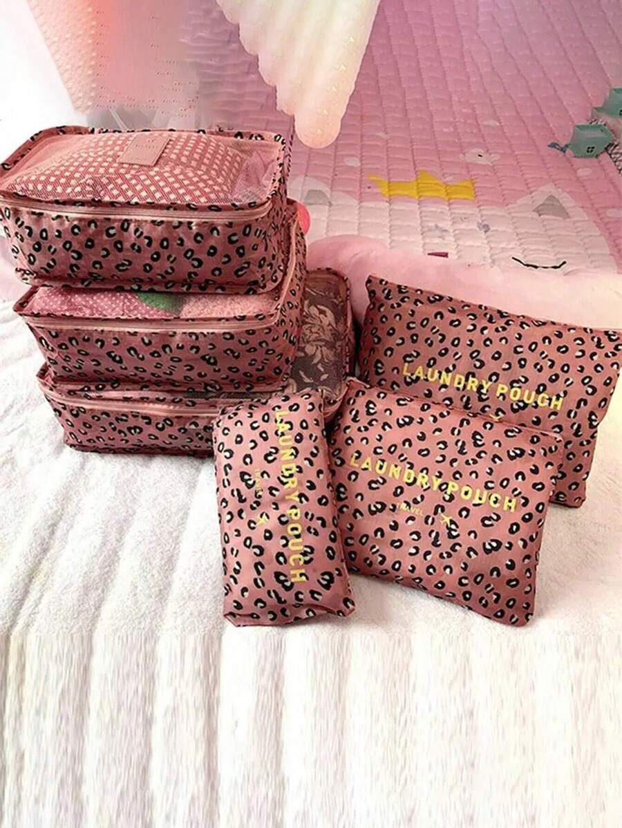 6 Pcs Leopard Travel Packaging Cubes, Multifunctional Luggage Bag, For Clothing, Underwera, Socks, Makeup - Pink - View 1