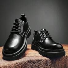 Zapatos De PU De Punta Grande Para Hombre, Nueva Moda De Negocios De Estilo Británico, Suela Gruesa, Zapatos Altos Para Boda, Derby Casual Del Novio Para Hombre - Negro - Ver 1