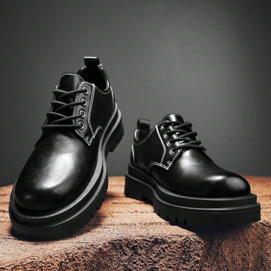 Zapatos De PU De Punta Grande Para Hombre, Nueva Moda De Negocios De Estilo Británico, Suela Gruesa, Zapatos Altos Para Boda, Derby Casual Del Novio Para Hombre - Negro - Ver 1