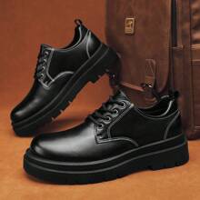 Zapatos De PU De Punta Grande Para Hombre, Nueva Moda De Negocios De Estilo Británico, Suela Gruesa, Zapatos Altos Para Boda, Derby Casual Del Novio Para Hombre - Negro - Ver 4