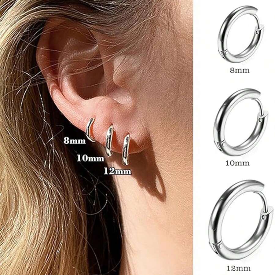 6Pcs 8.10.12mm Small White Gold Plated Huggie Hoop Earrings Set for Women ,Hypoallergenic Lightweight Earrings for Sensitive Sleeping Ears Everyday Earrings for Cartilage .Helix .Tragus Piercings,,Tiny Surgical stainless steel earring for Women Men
