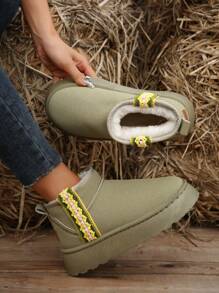 Women's Winter Thick Bottom Snow Boots, Vintage Woven, Stylish, Antifreeze, Short Boots With Thick Plush, Khaki