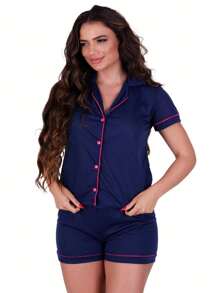 Kit 2 Pijamas com Gola Manga Curta Com Botões Linha Noite