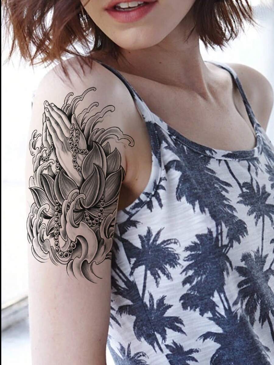 Temporary Tattoo Sticker For Cool Men Women, Including Flower, Buddha Hand & Lotus Print, Creative & Realistic, Waterproof & Disposable - Black - View 1