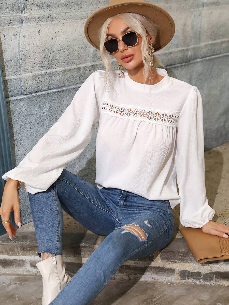 Blusa Hueca Informal Con Cuello Redondo Para Mujer - Blanco - Ver 1