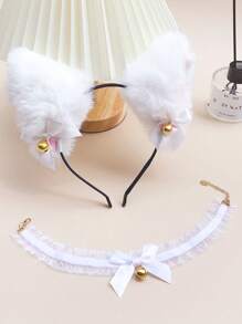 1 套 2 件白色性感网状毛茸茸耳朵头带，蝴蝶结领带铃铛，角色扮演服装配饰，万圣节礼物，派对 - 白色 - 查看 4