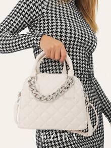 CEZIRA 金屬鏈雙手柄拉鍊閉口調節長帶凸紋pu皮革手提斜跨包女士時尚禮物 - 白色 - 查看 3