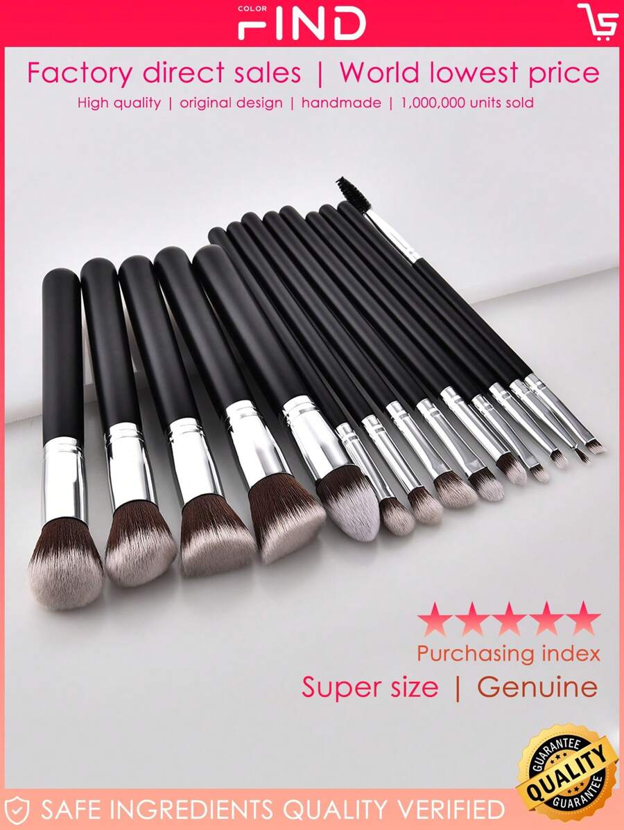 Juego de 14 piezas de brochas de maquillaje profesionales negras y plateadas de Findcolor, que incluye brocha para polvo, brocha de doble punta, brocha para sombra de ojos pequeña y grande, brocha para cejas, brocha para rubor en polvo, etc. Juego de herramientas cosméticas, perfecto para regalo, juego de brochas, kit de brochas de maquillaje, juego completo de maquillaje, juego de brochas de maquillaje, kit de maquillaje completo, juego de brochas, juego de brochas de maquillaje, juego de regalo de maquillaje, set - Negro - Ver 1