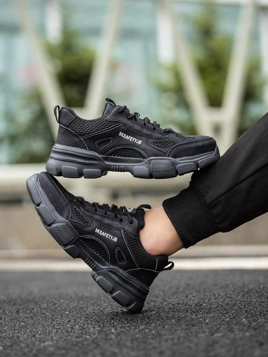 男式工作靴钢头鞋轻便透气鞋建筑工作鞋 - 黑色 - 查看 1