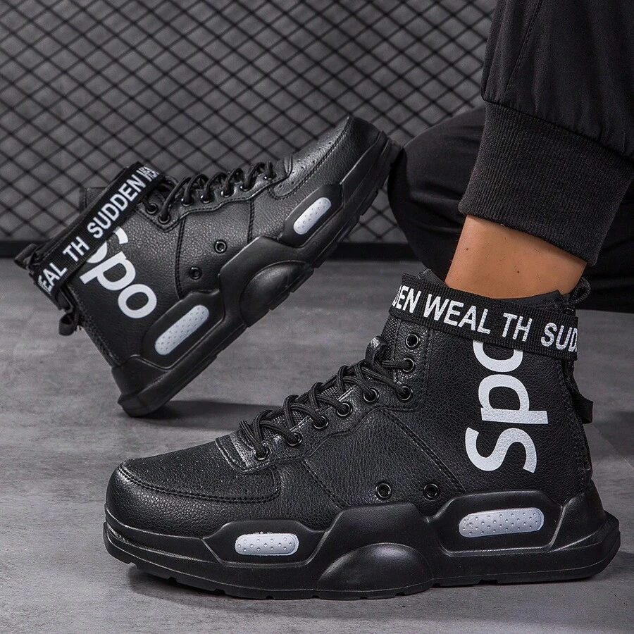 Mens Lightweight Walking Shoes Stylish High Top Shoes With Zipper Athletic Casual Sneakers For Men - 黑色 - 查看 1