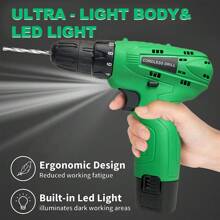 Tegatok 12v無線鑽,螺絲起子一個1500毫安時鋰離子電池和充電器,213英寸磅（24 Nm）,附有可變速和18+1扭力設置,便於穿透木材,陶瓷,石膏板和塑料,適用於家庭裝修和diy。 - 綠色 - 查看 11