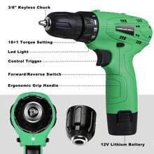 Tegatok 12v無線鑽,螺絲起子一個1500毫安時鋰離子電池和充電器,213英寸磅（24 Nm）,附有可變速和18+1扭力設置,便於穿透木材,陶瓷,石膏板和塑料,適用於家庭裝修和diy。 - 綠色 - 查看 9