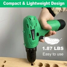 Tegatok 12v無線鑽,螺絲起子一個1500毫安時鋰離子電池和充電器,213英寸磅（24 Nm）,附有可變速和18+1扭力設置,便於穿透木材,陶瓷,石膏板和塑料,適用於家庭裝修和diy。 - 綠色 - 查看 4