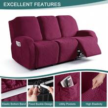 Stretch Recliner Sofa Covers, Reclining Couch Covers With Pockets, Jacquard Reclining Sofa Covers Soft Washable Furniture Protector With Elastic Bottom - Burgundy - View 4