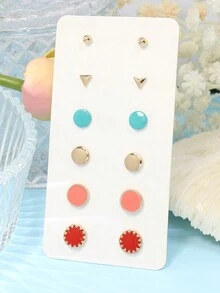 HANQI 6pairs/set Colorful Round Triangle Combination Earrings With Different Sizes For Women In All Seasons - Multicolor - View 1