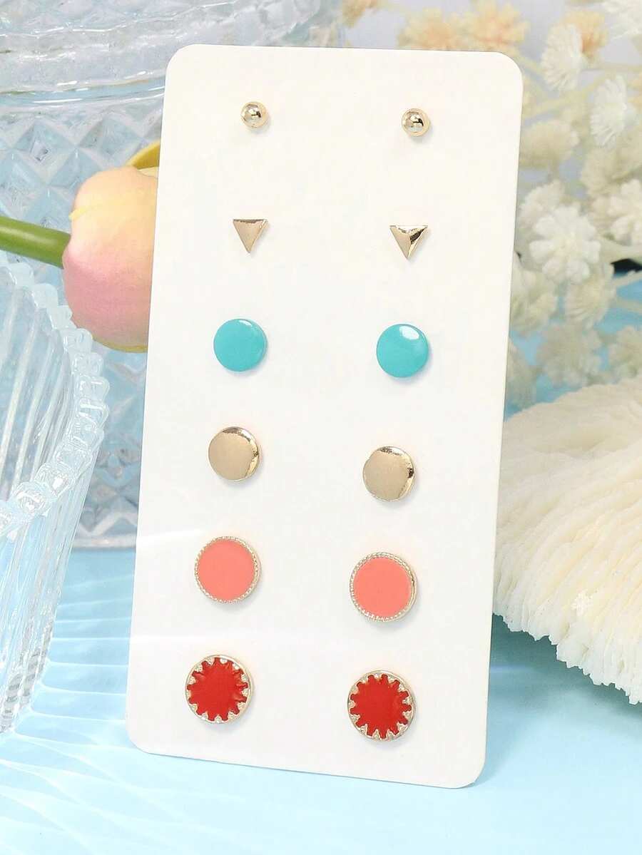 HANQI 6pairs/set Colorful Round Triangle Combination Earrings With Different Sizes For Women In All Seasons - Multicolor - View 1