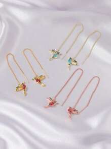 2pcs Colorful Bird Ear Threader Earrings With Hummingbird Dangle, Cute Animal Ear Jewelry For Women - Red - View 4