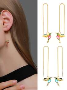 2pcs Colorful Bird Ear Threader Earrings With Hummingbird Dangle, Cute Animal Ear Jewelry For Women - Red - View 3