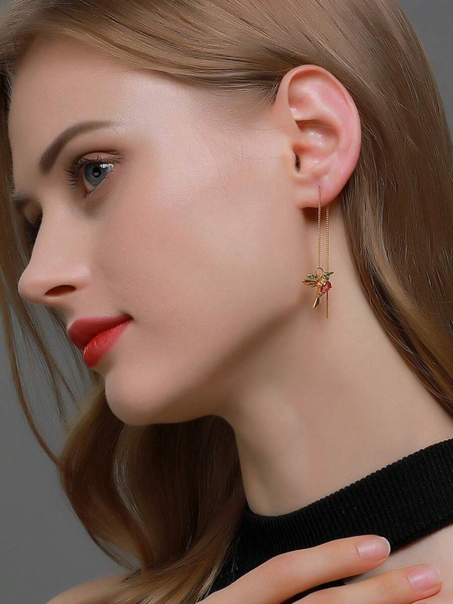 2pcs Colorful Bird Ear Threader Earrings With Hummingbird Dangle, Cute Animal Ear Jewelry For Women - Red - View 1