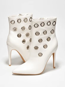 Women's  Eyelet-Embellished Pointy Toe Booties - Single Pointy Toe High Heel For Friday Nights
